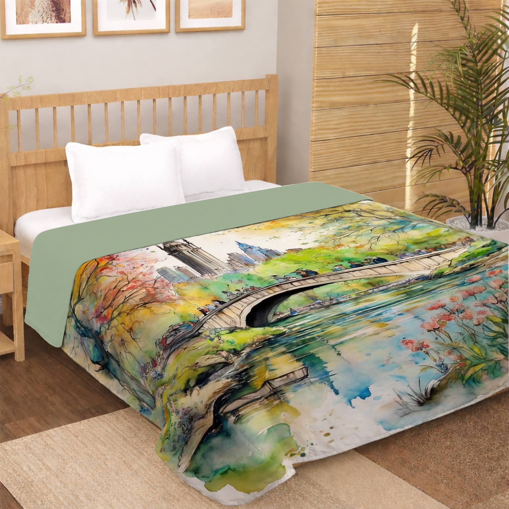 watercolor park cityscape digital print dohar with bridge, trees, and skyline landscape design